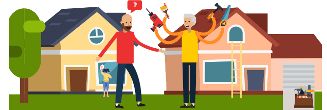 Cartoon image of neighbors sharing tools